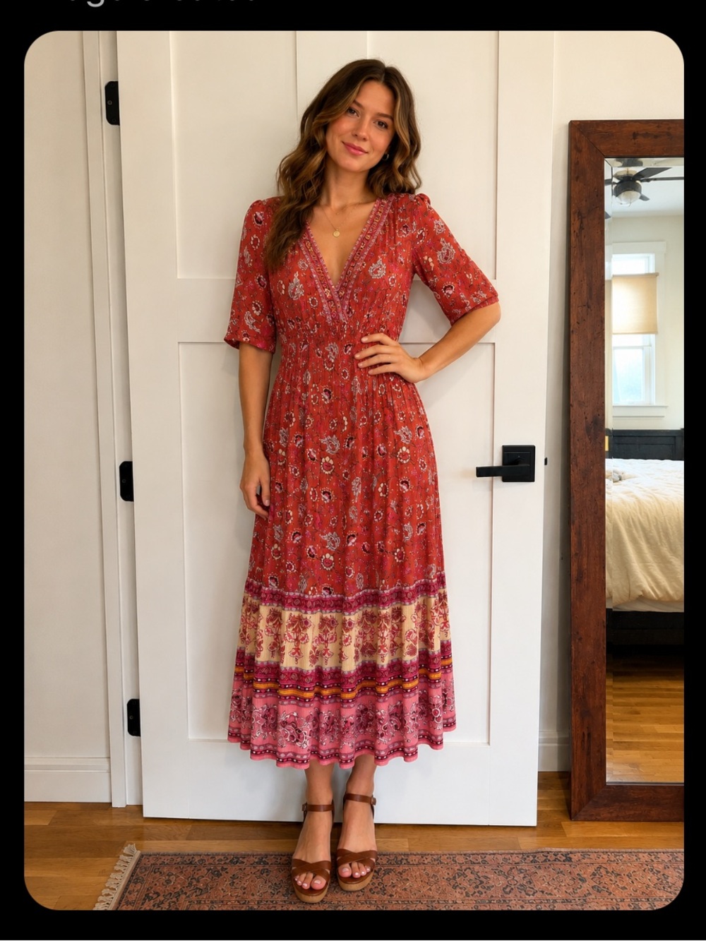 Knox Rose Floral V-Neck Midi Dress with Border Print - Size Medium